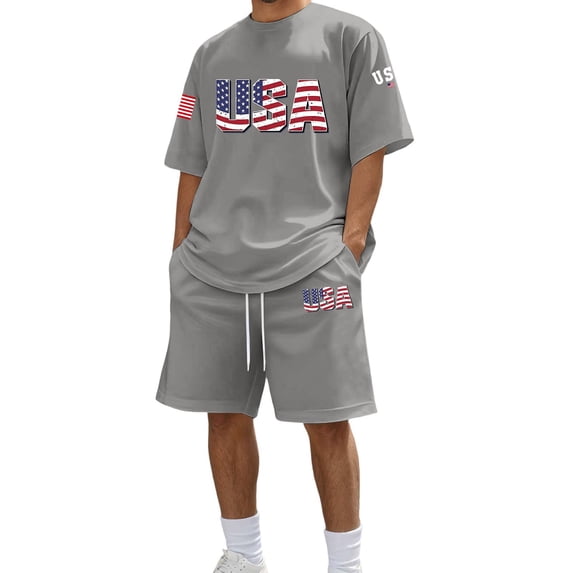IWRICH 4th of July Outfits for Men USA Flag Short Sleeve Shirts and Shorts Set 2 Piece Athletic Jogging Tracksuits Grey XL
