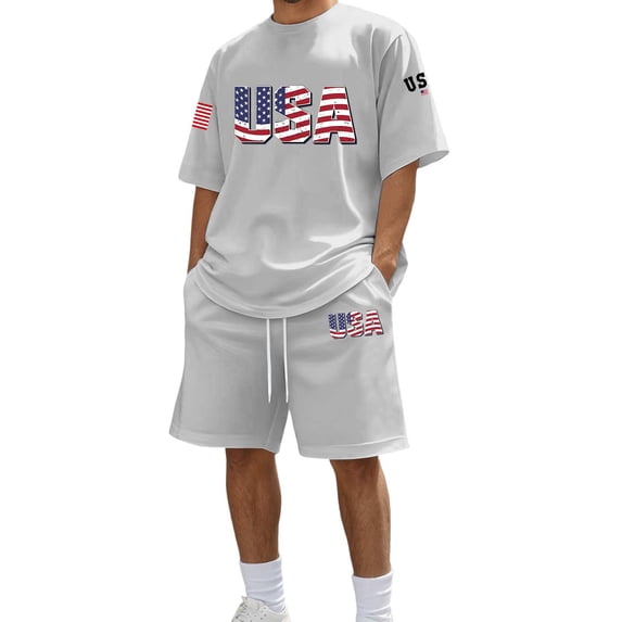 IWRICH 4th of July Outfits for Men USA Flag Short Sleeve Shirts and Shorts Set 2 Piece Athletic Jogging Tracksuits Light Gray S