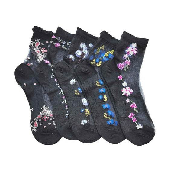 IWRICH 5 Pairs Sheer Mesh Transparent Socks for Women Thin Lace Fishnet Ankle Novelty Casual Crew Socks A