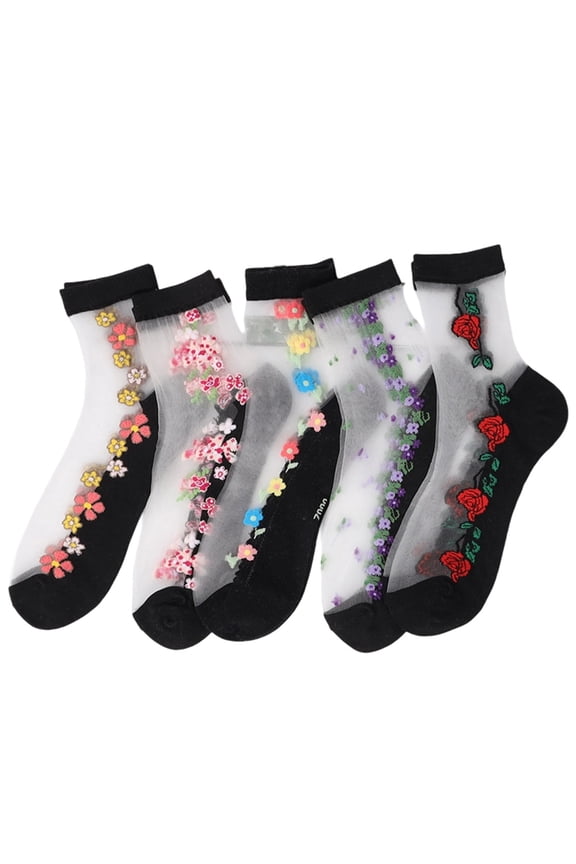 5 Pairs Sheer Mesh Transparent Socks for Women Thin Lace Fishnet Ankle Novelty Casual Crew Socks B