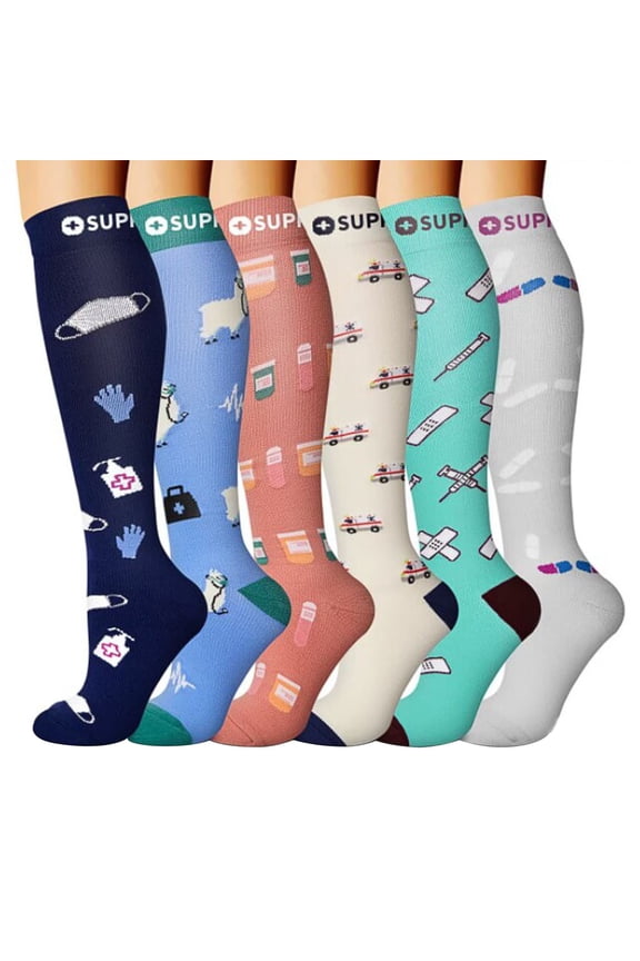 6 Pairs Compression Compression Socks for Women and Men Circulation Support for Medical Running Nursing Athletic Multicolour