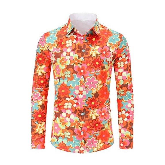 IWRICH 70s Outfits for Men Long Sleeve Casual Button down Disco Retro Paisley Shirt Floral Hip Hop Shirts Watermelon Red S