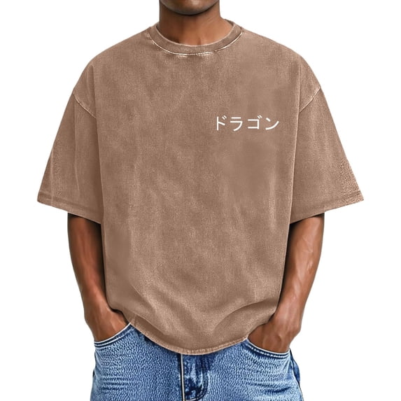 IWRICH Acid Wash T Shirts for Men Baggy Basic Short Sleeve Tees Casual Trendy Graphic Printed Tees Khaki M