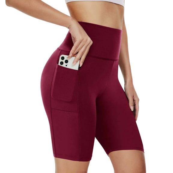 IWRICH Biker Shorts for Women with Pockets High Waisted Workout Leggings Tummy Control Gym Running Yoga Shorts Red S