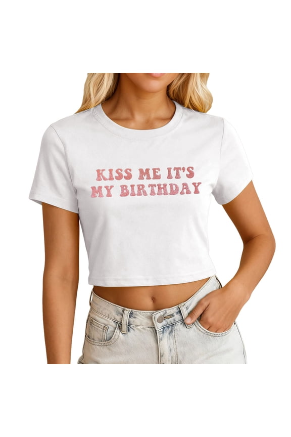 Birthday Shirts for Women Kiss Me Its My Birthday Shirt Crop Top Glitter Graphic Birthday Squad Shirts Birthday Party Tops White XXL