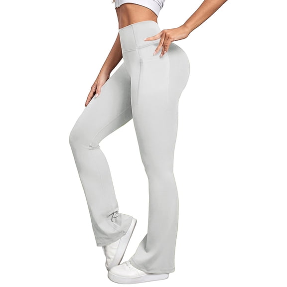IWRICH Black Flare Leggings for Women, Crossover Yoga Pants with Pockets Bootcut Flared Leggings Light Gray S