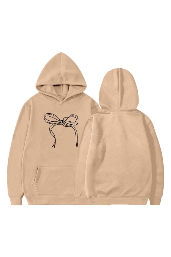 Bow Cute Hoodie for Teen Girls Graphic Preppy Trendy Hooded Sweatshirt Print Casual Pullover Tops Khaki 110
