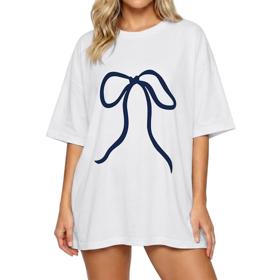 IWRICH Bow Shirts for Women Oversized Graphic T Shirts Cute Aesthetic Trendy Casual Tees Tops White2 L