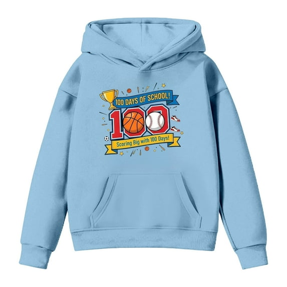 IWRICH Boys Girls Back to School Hoodie Funny 100 Days of School Graphic Pullover Tops Casual Soft Hooded Sweatshirt,Size 2-13 Years Sky Blue 160