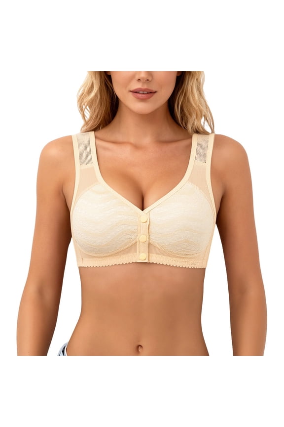 Bras for Senior Women No Underwire Front Closure Button down Bra Convenient Comfortable Everyday Bras for Easy Wear Beige M