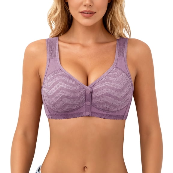 IWRICH Bras for Senior Women No Underwire Front Closure Button down Bra Convenient Comfortable Everyday Bras for Easy Wear Purple XL