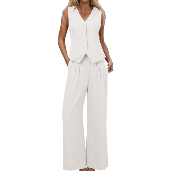 IWRICH Business Casual Outfits for Women V-Neck Button down Tank Tops Wide Leg Casual Cozy Trousers 2 Piece Dressy Suits White XL
