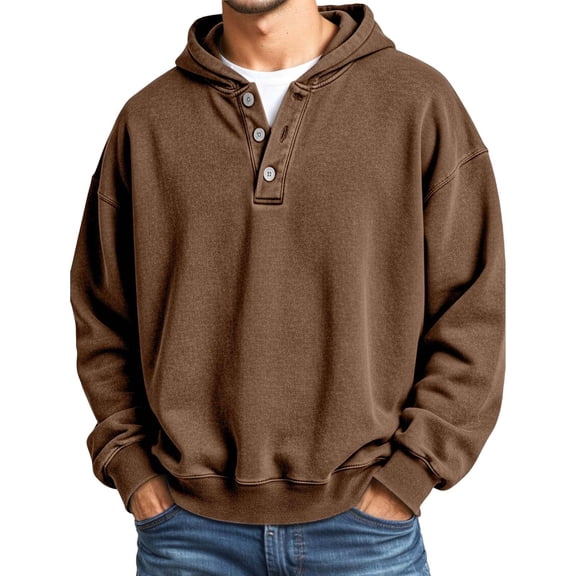 IWRICH Button up Neck Sweatshirts for Men Plain Graphic Henley Tops Big and Tall Casual Pullover Sweatshirt Coffee XL