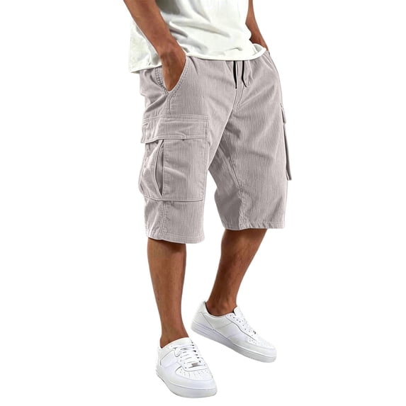 IWRICH Cargo Shorts for Men Casual Corduroy Classic Bermuda Shorts with Pockets Drawstring Comfort Big and Tall Pants Light Gray