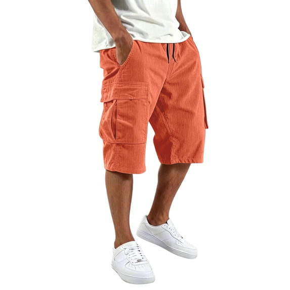 IWRICH Cargo Shorts for Men Casual Corduroy Classic Bermuda Shorts with Pockets Drawstring Comfort Big and Tall Pants Orange