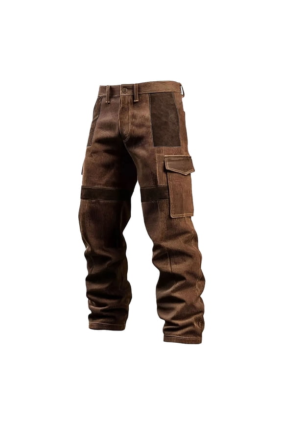 Cargo Work Pants for Men Casual High Waisted Patchwork Pants Retro Corduroy Trousers with Pockets Coffee S