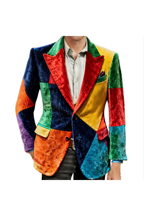 Carnival Corduroy Suit for Men Rave Lightweight Mardi Gras Printed Blazer Casual Button Holiday Party Fit Jacket with Pockets 02-Multicolour XL