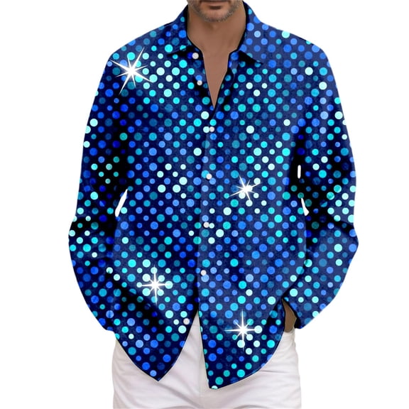 IWRICH Carnival Shirts for Men Big and Tall Relax Fit Long Sleeve Lapel Button down Dressy Casual Shirts Disco Party Night Outing Tops 02-Blue XXXL