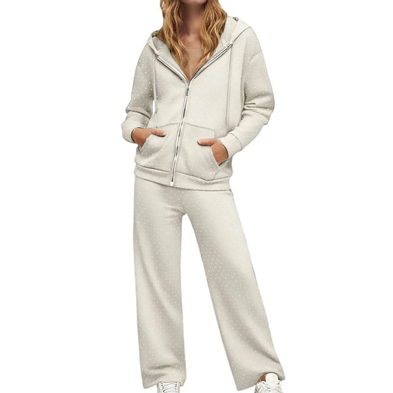 IWRICH Casual Sweatsuits for Women Long Sleeve Polka Dot Hoodie and Pants 2 Piece Comfortable Casual Fashion Matching Sets Beige M