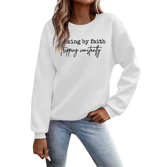 IWRICH Christian Sweatshirts for Women Faith Tops Walking by Faith Tripping Constantly Long Sleeve Crewneck Pullover Tops 01-White XXL