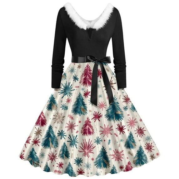 IWRICH Christmas Dresses for Women V Neck Pleated Prom Velvet Xmas Long Sleeve Cocktail Party Winter Dress with Belt B M