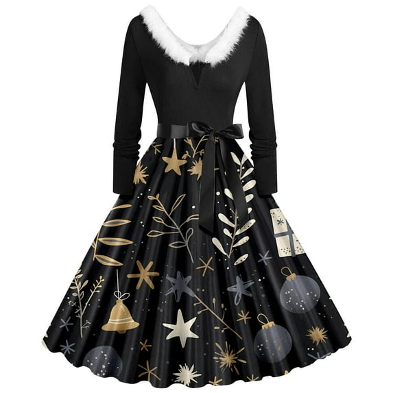 IWRICH Christmas Dresses for Women V Neck Pleated Prom Velvet Xmas Long Sleeve Cocktail Party Winter Dress with Belt C L