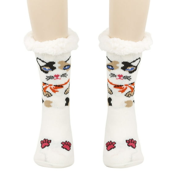 IWRICH Christmas Gifts Stocking Stuffers Fuzzy Slipper Socks Warm Sherpa Lined Animal Cabin Socks Non Indoor House Cozy Winter with Grips White