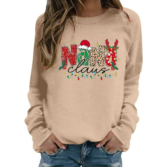 IWRICH Christmas Nana Claus Sweatshirt Women Nana Graphics Tops Vintage Merry Grandma Long Sleeve Outfits 5-Khaki M