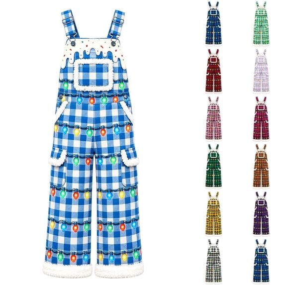 IWRICH Christmas Overalls for Men Xmas Santa Plush Jumpsuit with Pockets Adjustable Straps Straight Leg Festive Workwear Blue XXL