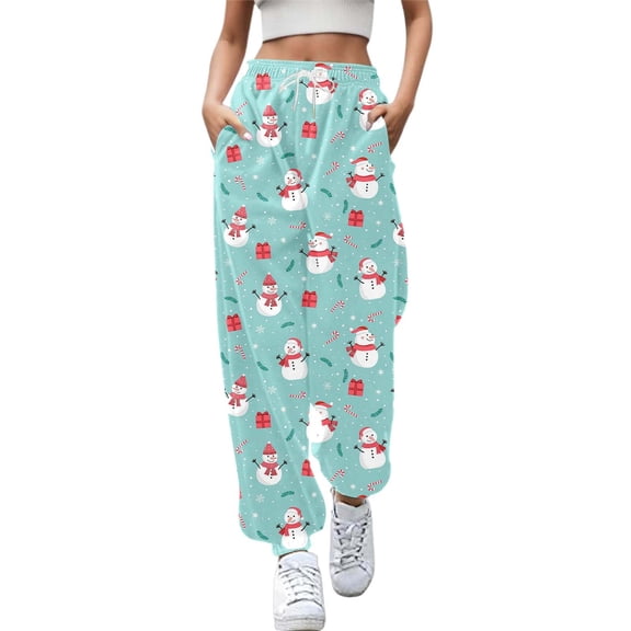 IWRICH Christmas Pants for Women High Waist Baggy Drawstring Bottom Sweatpants Gym Jogger Holiday Petite Trousers Light Blue M