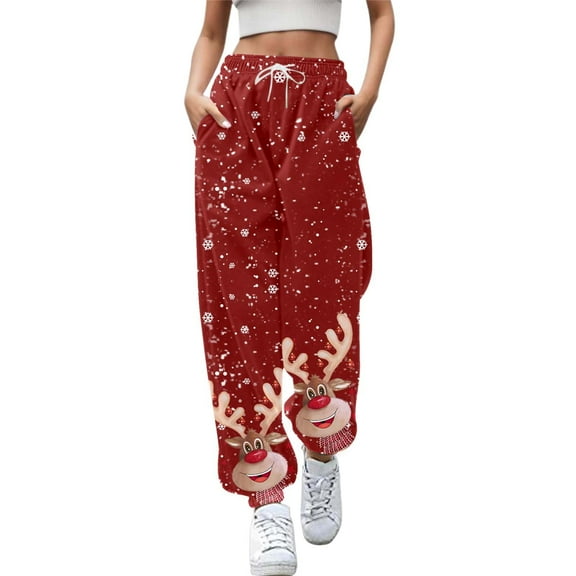 IWRICH Christmas Pants for Women High Waist Baggy Drawstring Bottom Sweatpants Gym Jogger Holiday Petite Trousers Red1 XL