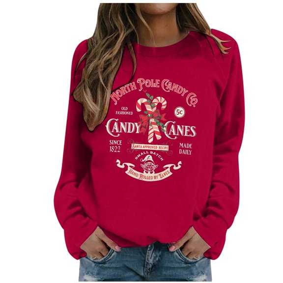 IWRICH Christmas Sweatshirts Women Candy Canes Graphic Sweatshirt Vintage Xmas Long Sleeve Shirt Pullover Tops Red M