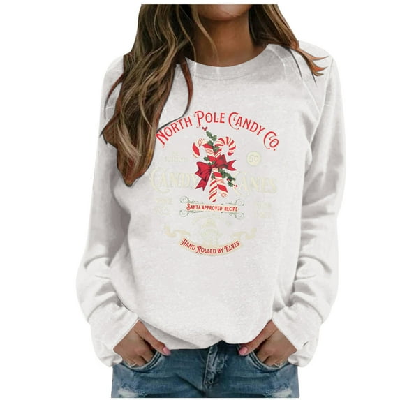 IWRICH Christmas Sweatshirts Women Candy Canes Graphic Sweatshirt Vintage Xmas Long Sleeve Shirt Pullover Tops White XL