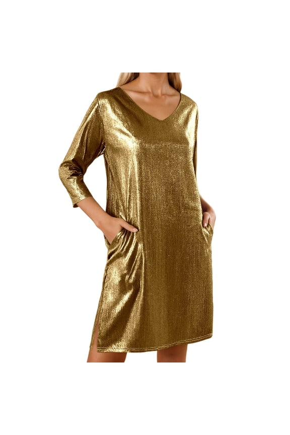 Dress for Women Winter Maxi V Neck Long Sleeve Curvy Dress Slit Mini Loose Fit Dresses Gold S
