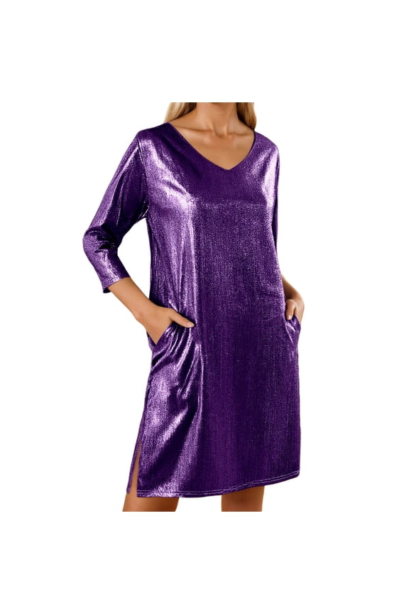 Dress for Women Winter Maxi V Neck Long Sleeve Curvy Dress Slit Mini Loose Fit Dresses Purple L