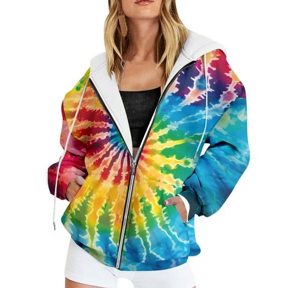 IWRICH Color Stripes Zip up Hoodies for Women Art Sport Oversized Sweatshirt Fall Hooded Tops Multicolour XS