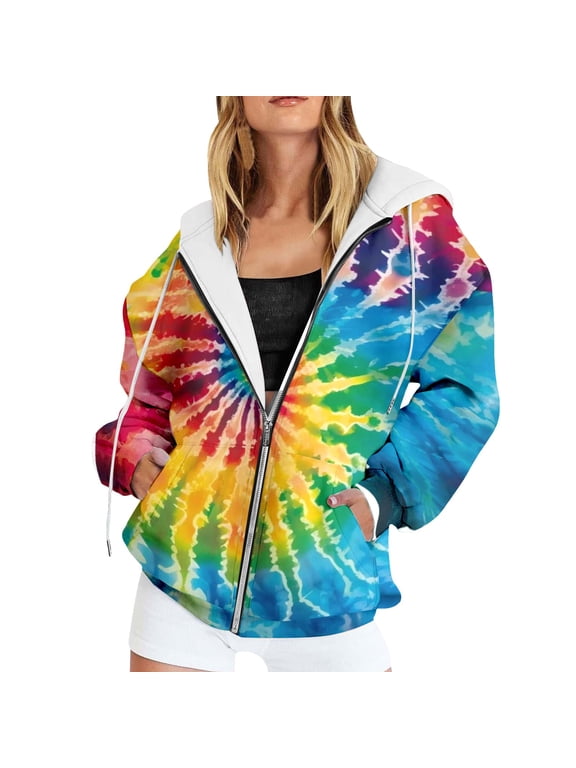 Color Stripes Zip up Hoodies for Women Art Sport Oversized Sweatshirt Fall Hooded Tops Multicolour XS