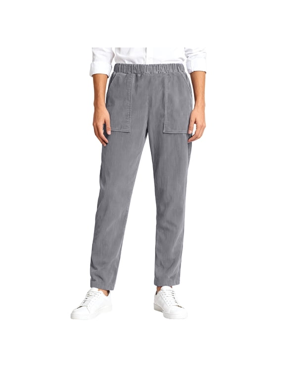 Corduroy Pants for Women Elastic High Waist Pull on Straight Leg Slacks Casual Fall Trousers with Pockets Grey L
