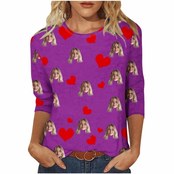IWRICH Custom T Shirts for Women Personalized Photo Tees Long Sleeve Crew Neck Velentine's Day Gift Purple L