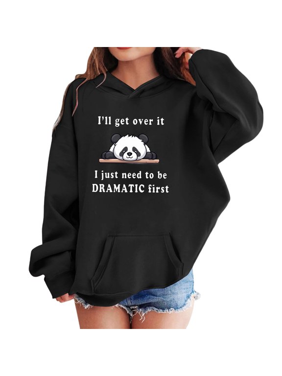 Cute Hoodies for Girls Panda Print Hoodies Pullover Tops Long Sleeve Hooded Sweatshirts for Girls Black 110
