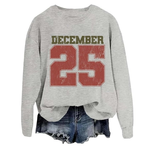 IWRICH December 25 Sweatshirt for Women Fashion Casual Christmas Pullover Tops Crew Neck Xmas Loose Fit Streetwear Tee Shirts Grey L