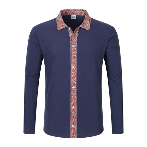 IWRICH Dress Shirts for Men Retro Ethnic Graphic Button down Office Work Shirt Casual Summer Lapel Long Sleeve Vacation Tops Navy M