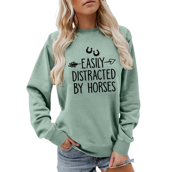 IWRICH Easily Distracted by Horses Casual Sweatshirt for Women Funny Horses Lover Graphic Letter Print Pullover Tops 03-Red 160