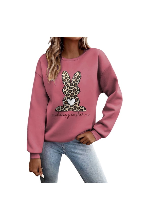 Easter Sweatshirts for Women Easter Sweaters Bunny Rabbit Graphic Shirt Cute Bunny Long Sleeve Pullover Tops Rose Gold L