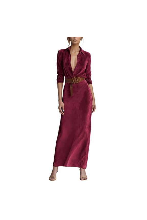Suede Leather Dress for Women Fall Long Sleeve Lapel Button Maxi Shirt Dress with Belt S