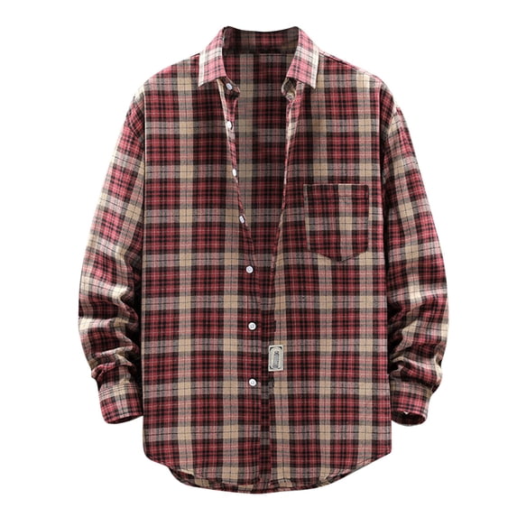 IWRICH Flannel Shirt for Men Fashion Long Sleeve Plaid Button down Shirt Casual Lightweight Jacket Red XL