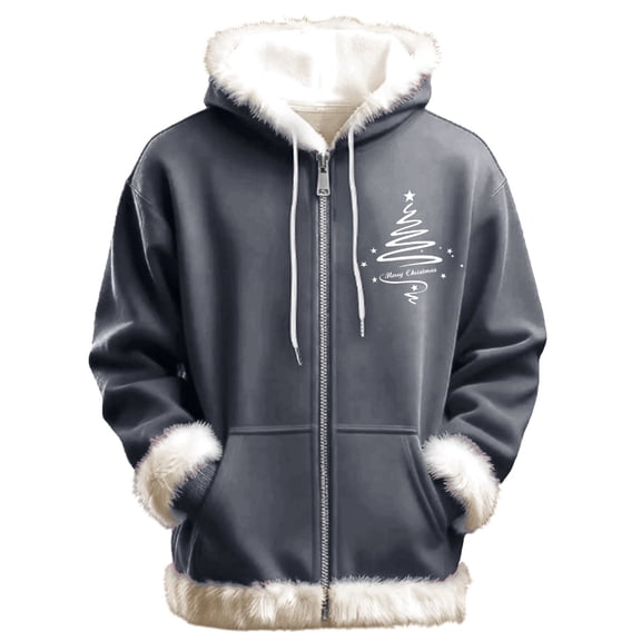 IWRICH Jackets Zip up Christmas Hoodies for Men and Women Graphic Long Sleeve Xmas Fuzzy Trim Sweatshirts Grey M