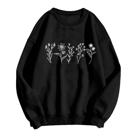 IWRICH Flower Graphic Sweatshirt for Women Floral Printed Long Sleeves Shirt Crewneck Loose Fall Pullovers Tops Black S