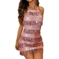 thumbnail image 1 of IWRICH Fringe Sparkly Dresses Heart Halter Sequin Mini Dress Backless Birthday Dance Disco Outfits for Women Pink XL, 1 of 6