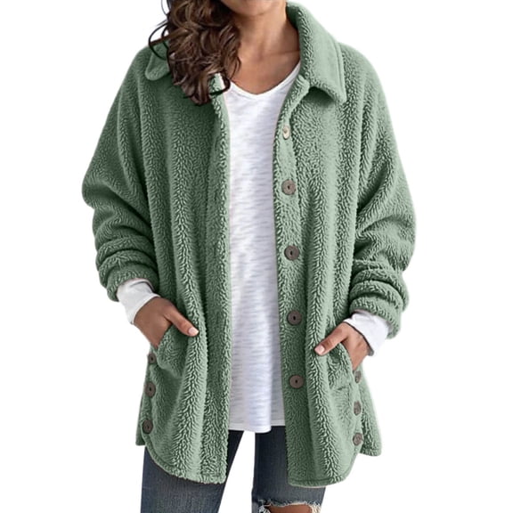 IWRICH Fuzzy Fleece Jackets for Women Oversized Cozy Button down Sherpa Jacket Coats Winter Warm Lounge Outwear Green S